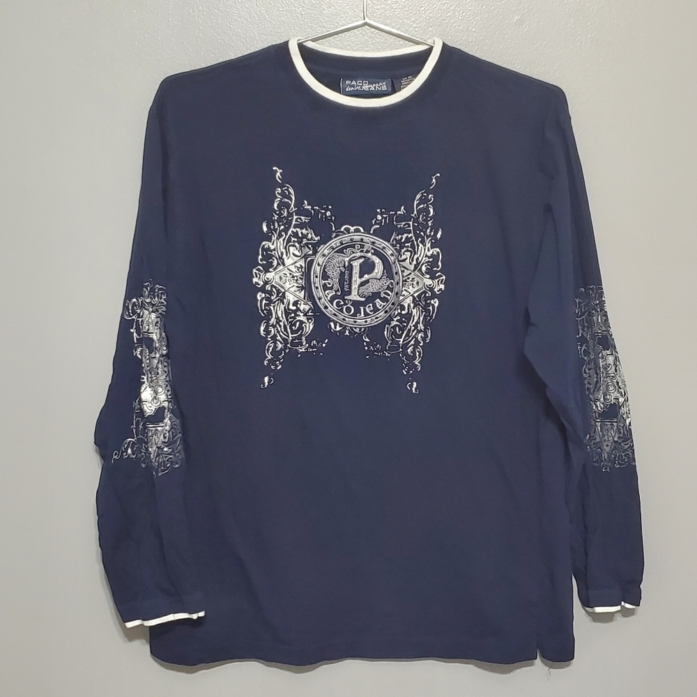 Paco Denim Company Mens Dark Blue Graphic Long Sleeve Tee Embroidered Size XL